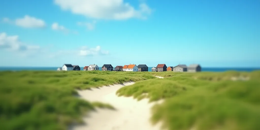 a beach with a long line of houses on it and a blue sky above it and a green beach, Andor Basch, vib
