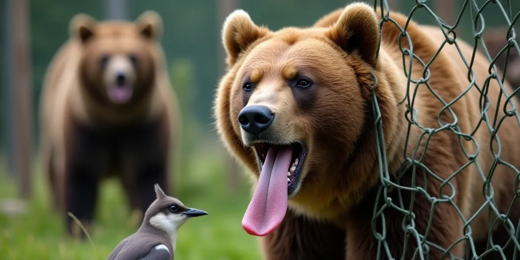 a bear sticking its tongue out through a fenced in area with other bears in the background and a bir