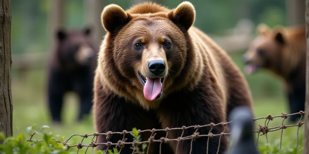 a bear sticking its tongue out through a fenced in area with other bears in the background and a bir