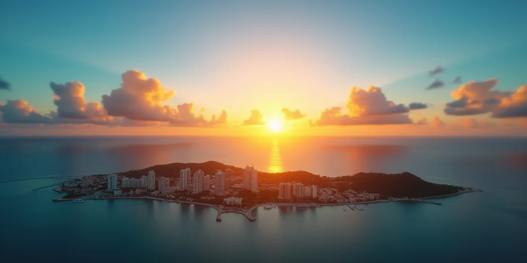 a beautiful sunset over a city on a tropical island in the ocean with a blue sky and clouds above, C