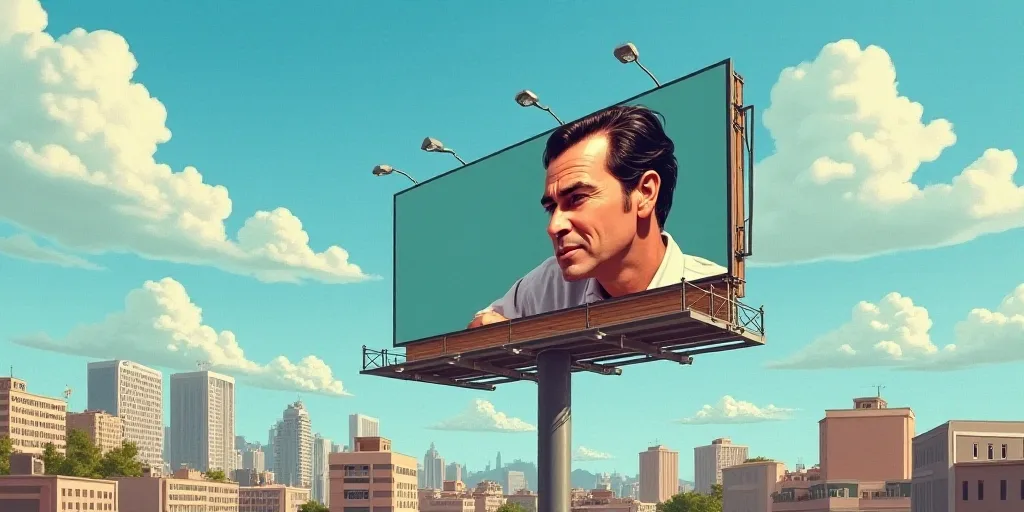 a billboard with a picture of a man on it in a city with a sky background and a few buildings, Feder