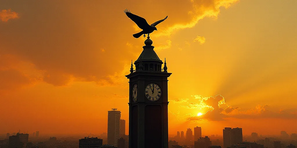 a bird flying over a tall building with a clock tower in the background at sunset or dawn with a bir