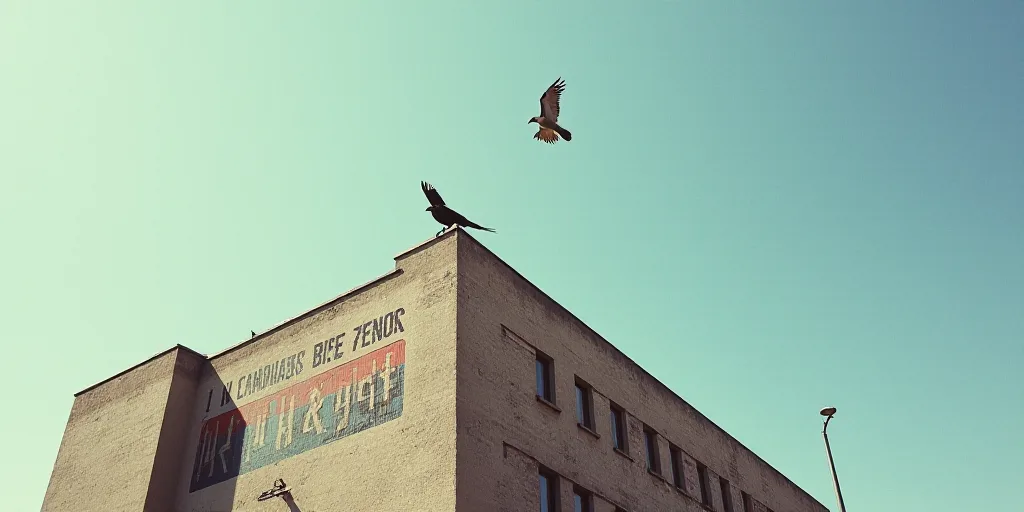 a bird flying over the top of a building with a sign on it's side that says,, Eric Zener, establishi