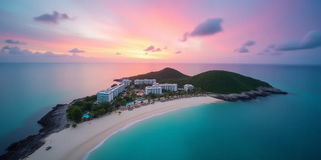 a bird's eye view of a beach resort and resort in the ocean with a colorful sky in the background, C