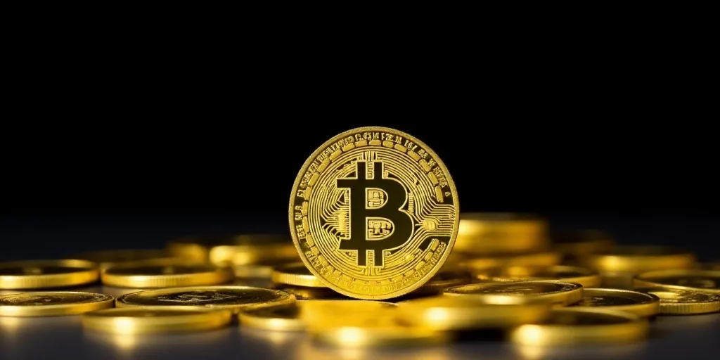 a bitcoin is sitting on top of a pile of gold coins in front of a black background, Andries Stock, g