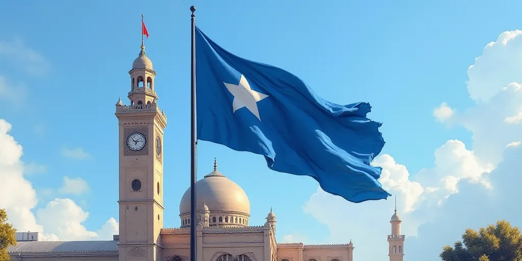 a blue flag flying in front of a tall building with a clock tower in the background and a flag on to