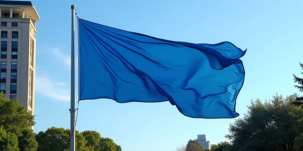 a blue flag flying in the wind next to a tall building with a sky background and trees in the foregr