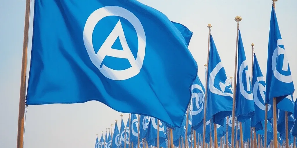 a blue flag with a white logo on it in front of a wall of flags with a logo on it, Aquirax Uno, oil,