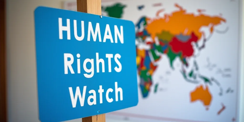 a blue sign with words on it that say human rights watch and a map of the world in the background, E