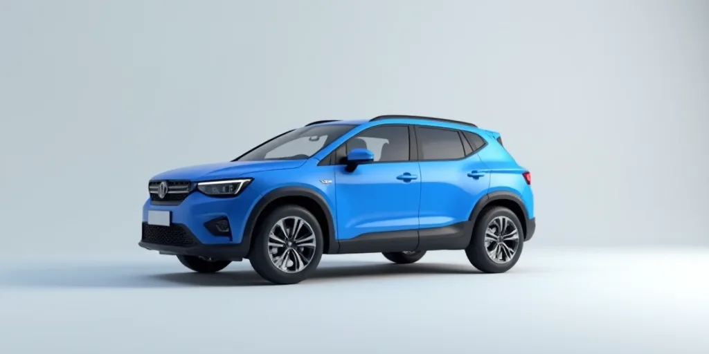 a blue suv is shown in a studio setting with a shadow on the floor and a light gray background, Cui