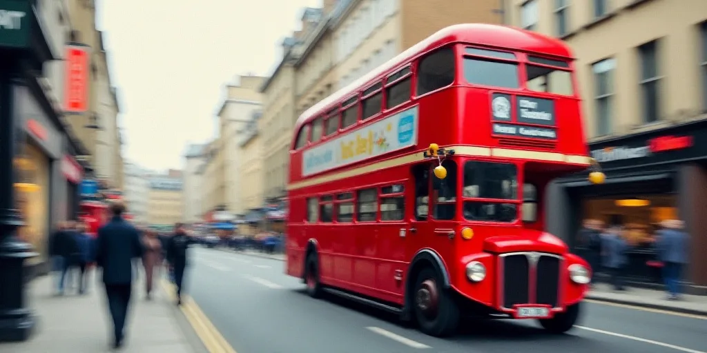 a blurry photo of a red double decker bus on a city street with pedestrians and pedestrians walking