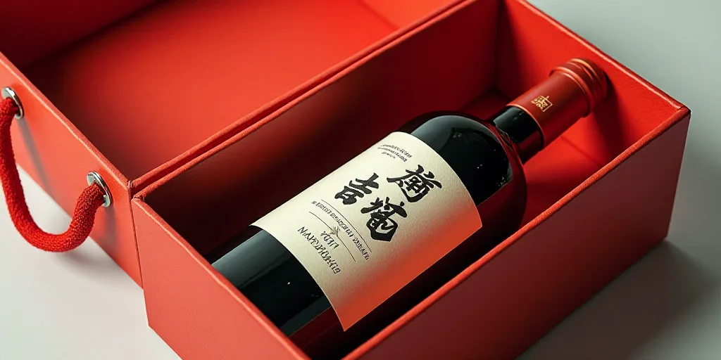 a bottle of wine in a box with a red handle and a red cap on the inside of the box, Cao Zhibai, beha