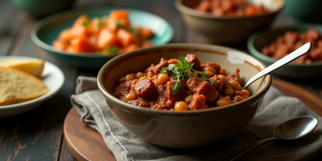 a bowl of beef and beans with a spoon in it on a table with other dishes and utensils, Boetius Adams