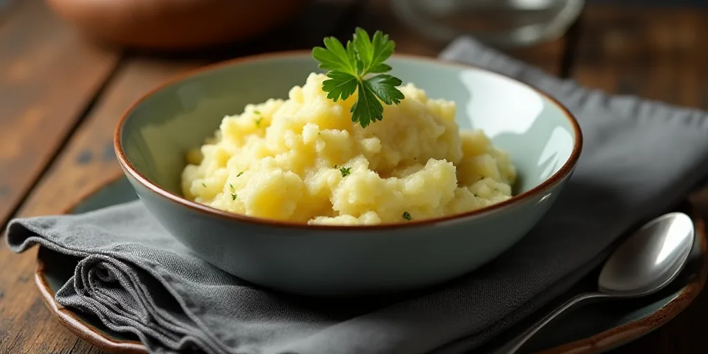 a bowl of mashed potatoes with parsley on top of a gray napkin on a wooden table with a gray napkin,