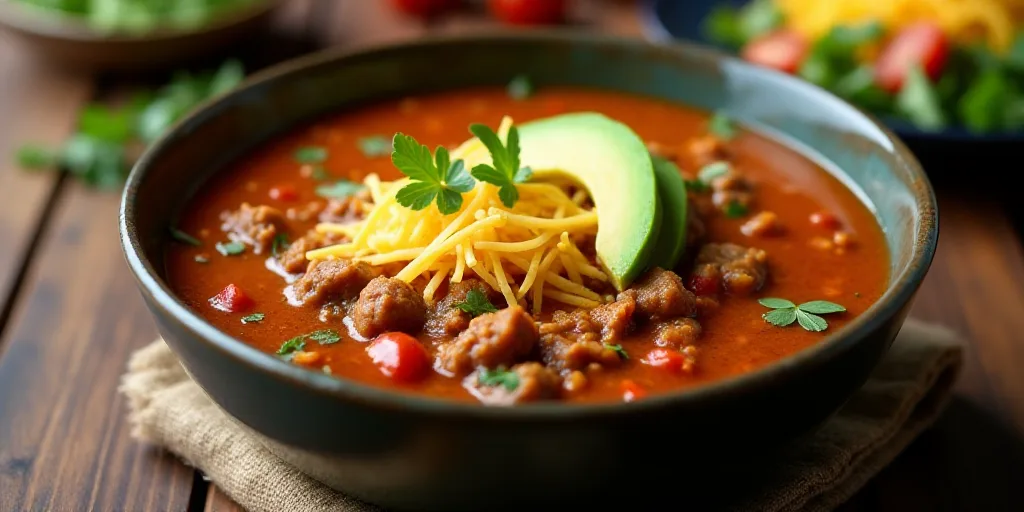 a bowl of soup with meat, cheese, and avocado garnishes on a table, Ceferí Olivé, professional foo