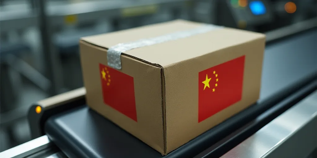 a box on a conveyor belt with a chinese flag on it and a box with a sticker on it, Cao Buxing, detai