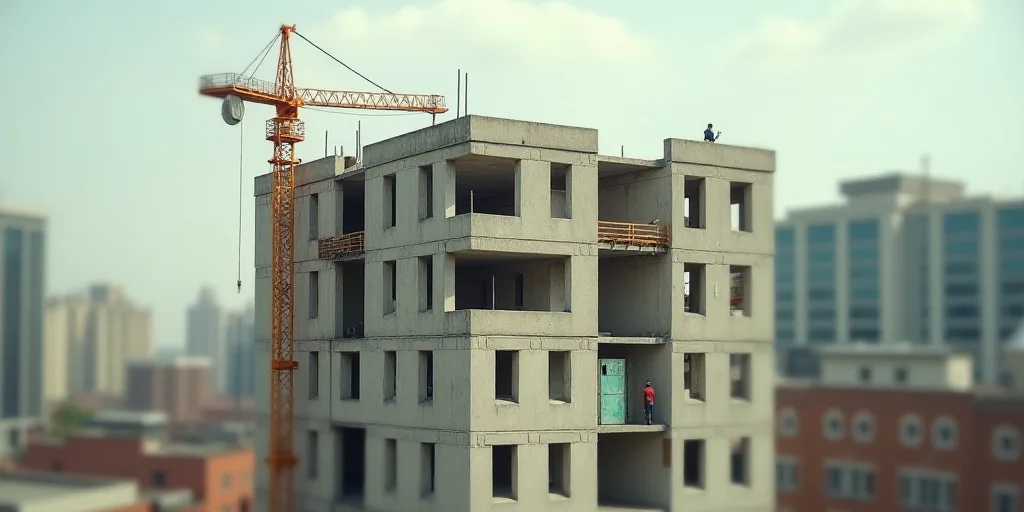 a building being constructed with a crane and a man on a ladder working on the side of it with a bui