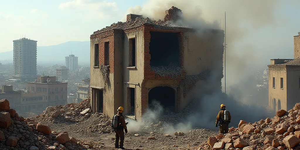 a building that has been destroyed and is being demolished by fire fighters in the city of santiago