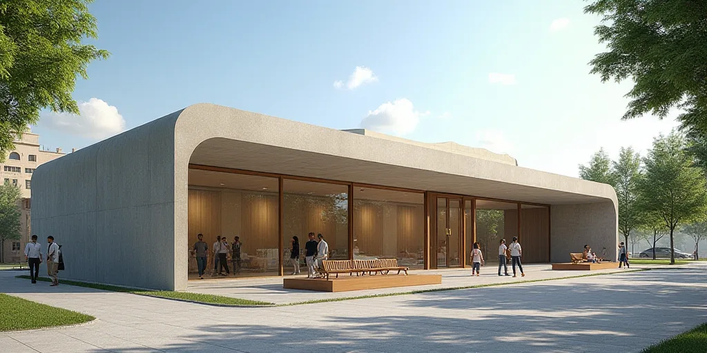 a building with a bench outside of it on a sunny day with people walking by it and a few people walk