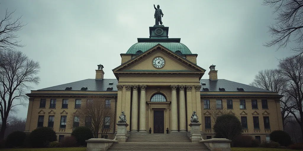 a building with a clock on the front of it and a statue on the top of it's roof, Evelyn Abelson, dee