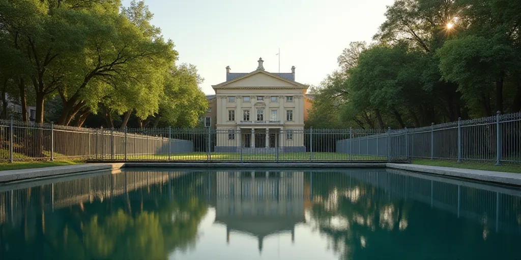 a building with a fence around it and trees in front of it and a reflection of the building on the w