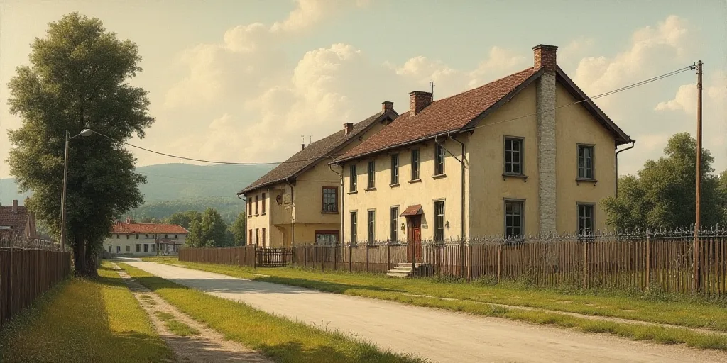 a building with a fence around it and a street light in front of it and a tree in front of it, Engue