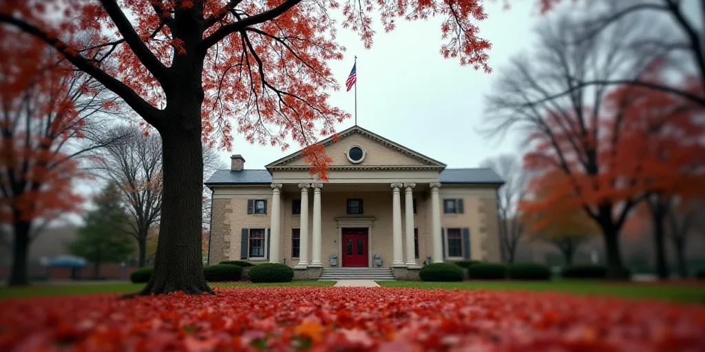 a building with a flag on top of it and a tree in front of it with red leaves on the ground, Brenda