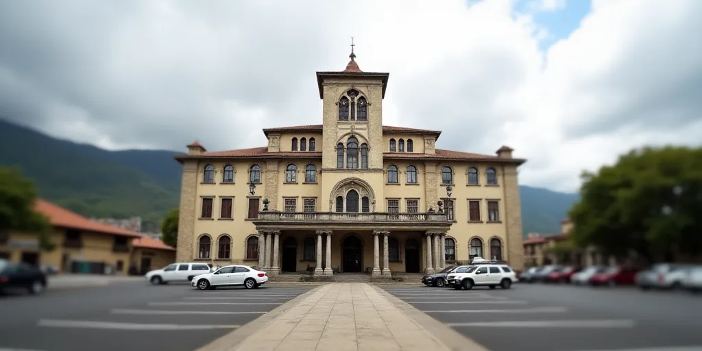 a building with a large tower in the background and a parking lot with cars parked in front of it, C
