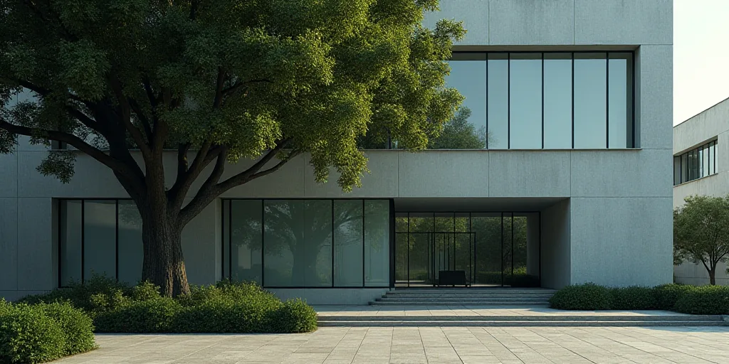 a building with a large window and a tree in front of it with the words intelegenia artificial en la