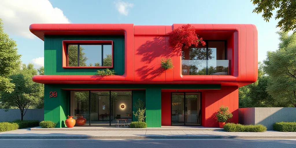 a building with a red and green facade and a red and white sign that says tempus 38, Carlos Trillo N