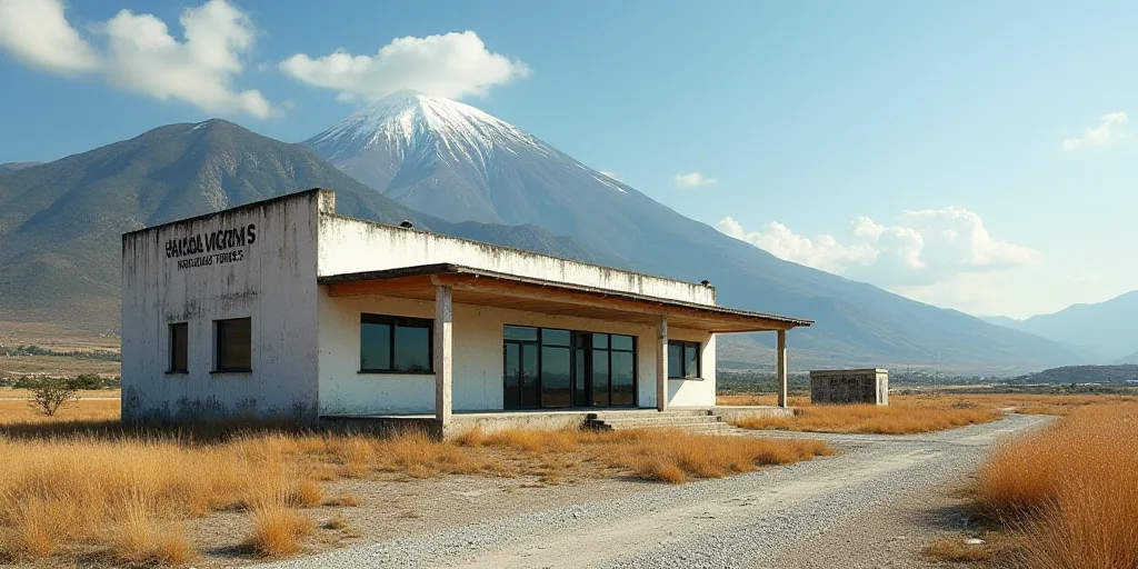a building with a sign that says ramons airport on it's side and a mountain in the background, Carlo