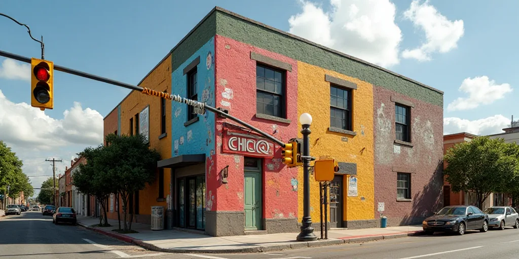 a building with a sign that says chicq on it and a stop light in front of it, David Alfaro Siqueiros
