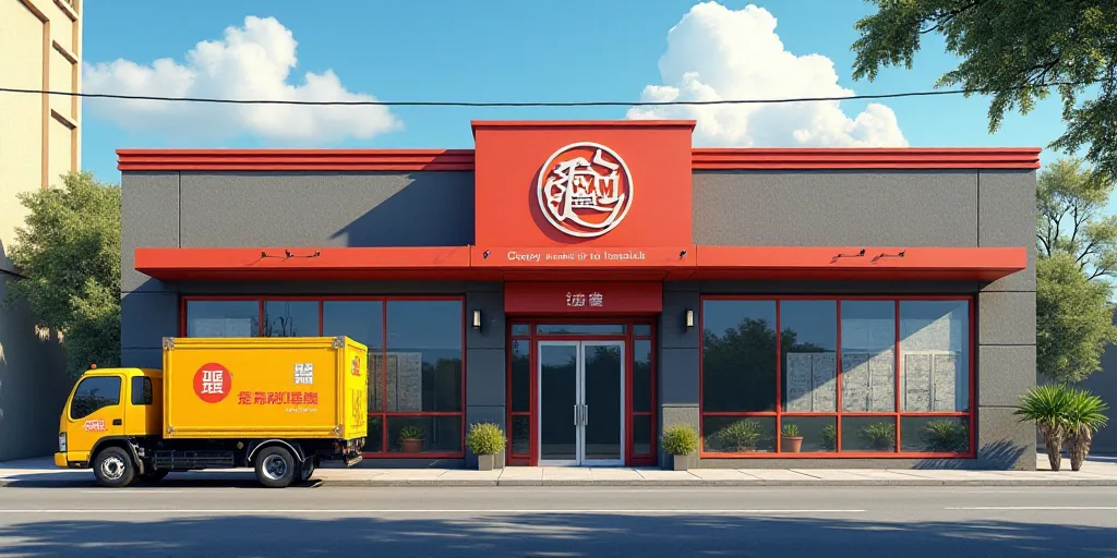 a building with a sign that says gwm on it's front door and a truck parked outside, Ding Guanpeng, a
