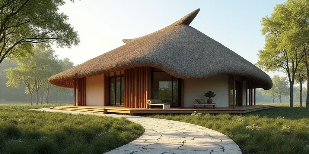 a building with a thatched roof and a walkway leading to it and a walkway leading to it and a walkwa