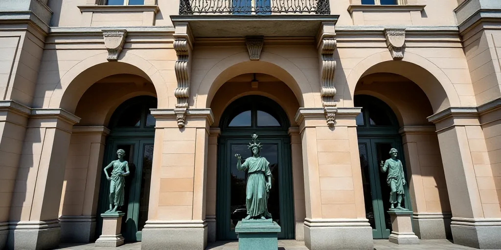 a building with statues on the front of it and a balcony above it that says banco - metico, Carlos F