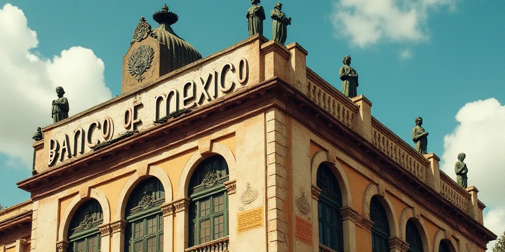 a building with statues on the top of it and a sign above it that says banco of mexico, Diego Rivera
