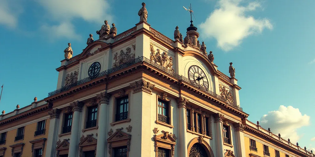 a building with statues on the top of it and a clock on the side of it with a roman numeral, Carlos