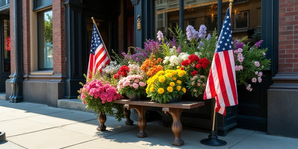 a bunch of flowers and flags are on a bench outside a building on a street corner in a city, Dennis