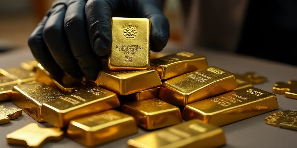 a bunch of gold bars are on a table with a gloved hand holding one of them up to the camera, Enguerr