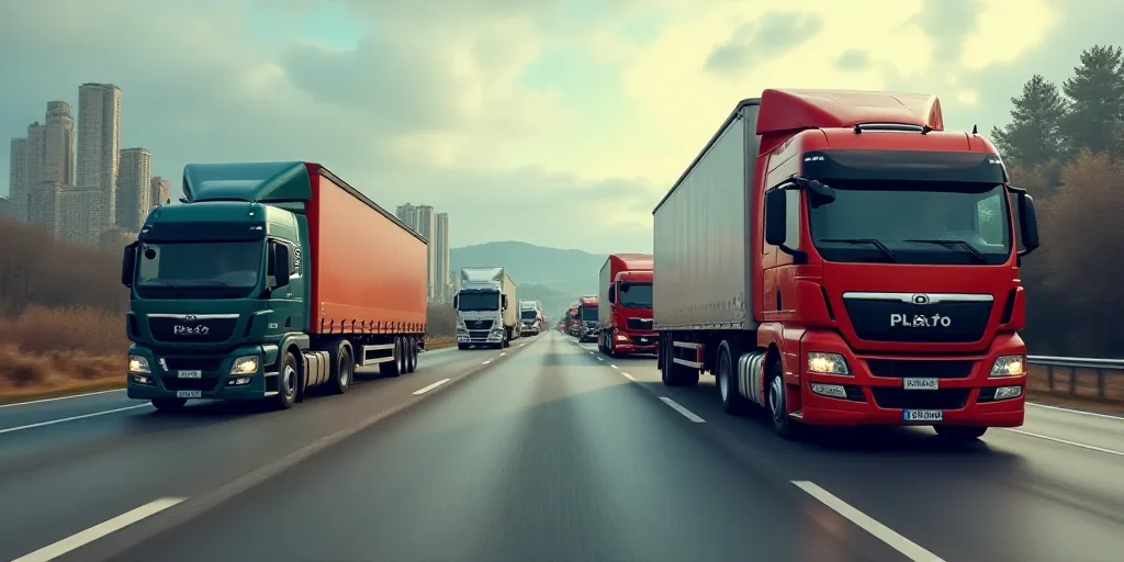 a bunch of trucks are driving down the road together in traffic, with a city in the background,, Cef