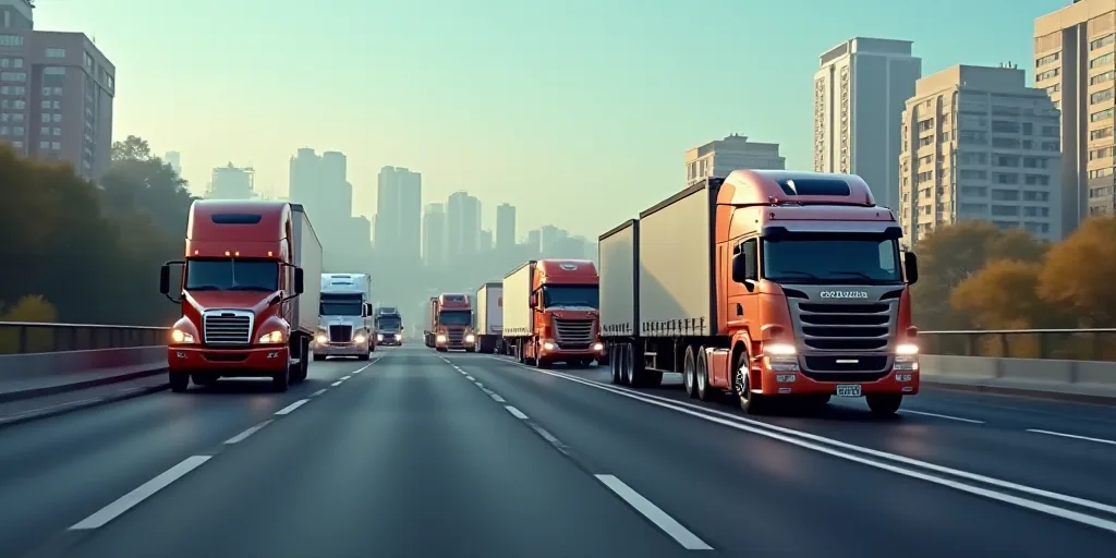 a bunch of trucks are driving down the road together in traffic, with a city in the background,, Cef
