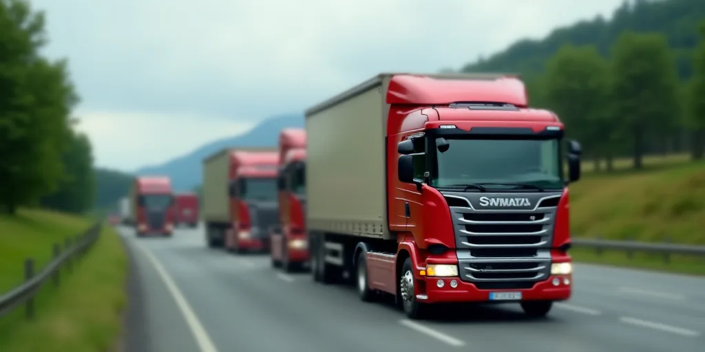a bunch of trucks that are on a road together in traffic, with one truck driving down the road, Cefe