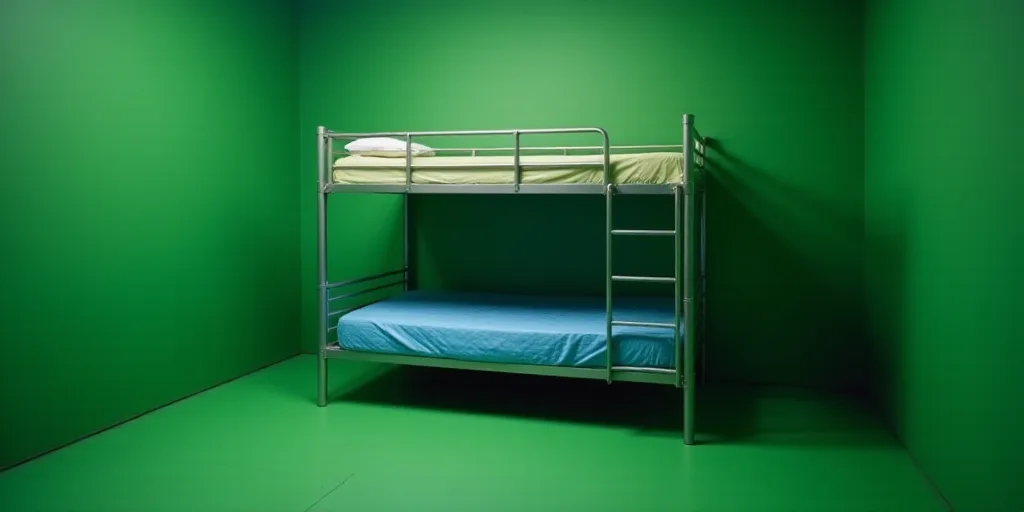 a bunk bed in a green room with a blue mattress on the bottom bunk and a blue mattress on the bottom