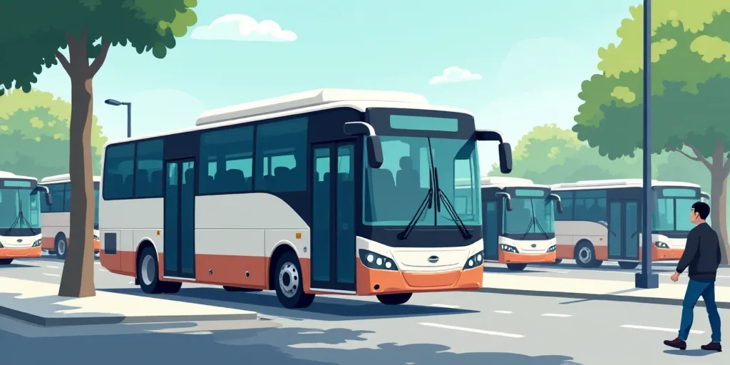 a bus parked in a bus station with other buses in the background and a man standing on the sidewalk,
