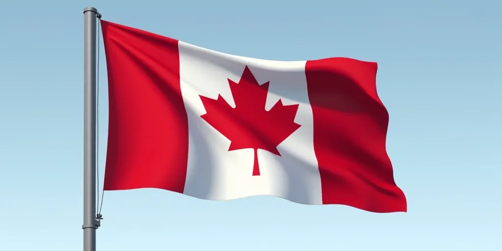 a canadian flag flying in the wind with a white and red maple leaf on it's side and a gray pole, Anc