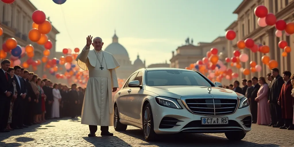 a car is parked in front of a crowd of people and balloons in the air, with a pope waving, Cagnaccio