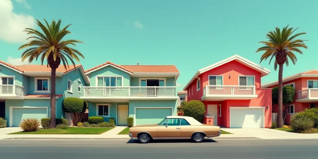a car parked in front of a row of houses on a street with palm trees on the side of the road, Enguer