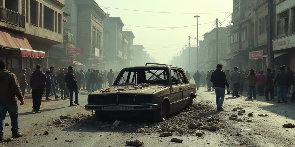 a car that has been destroyed in a street with people around it and a crowd of people standing aroun