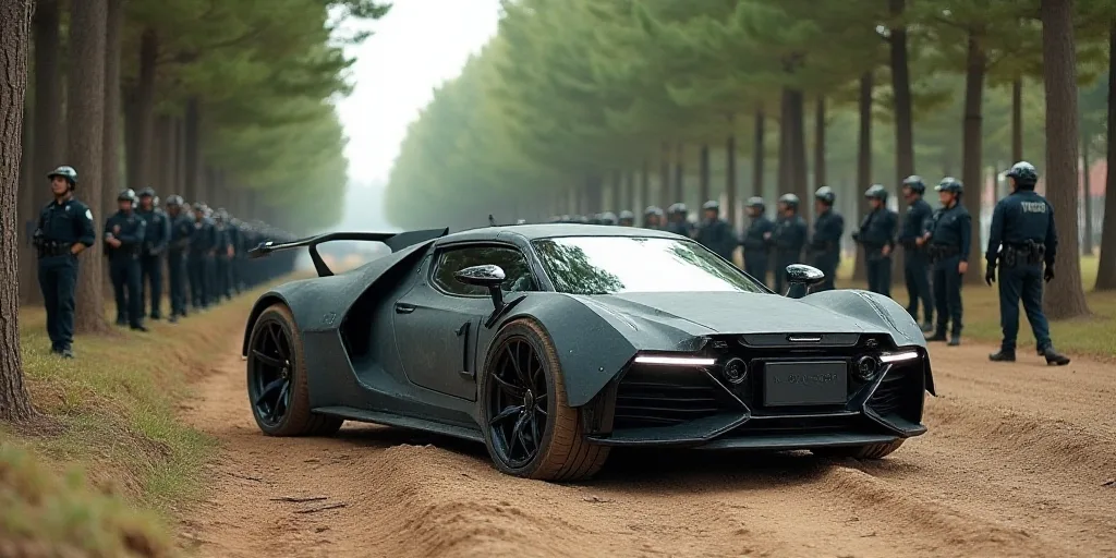 a car that is sitting in the dirt near a line of police officers and a line of trees behind it, Estu