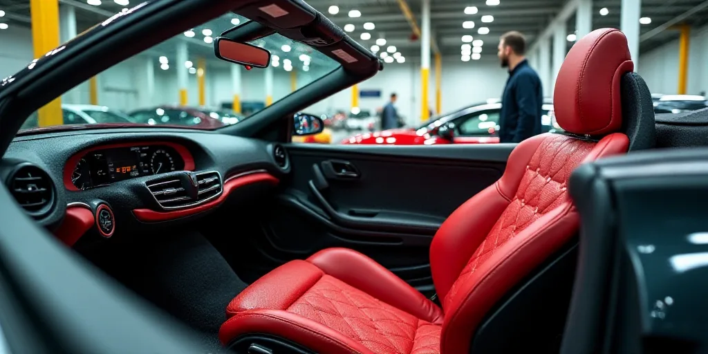 a car with a red seat in a factory area with other cars in the background and a man in the backgroun